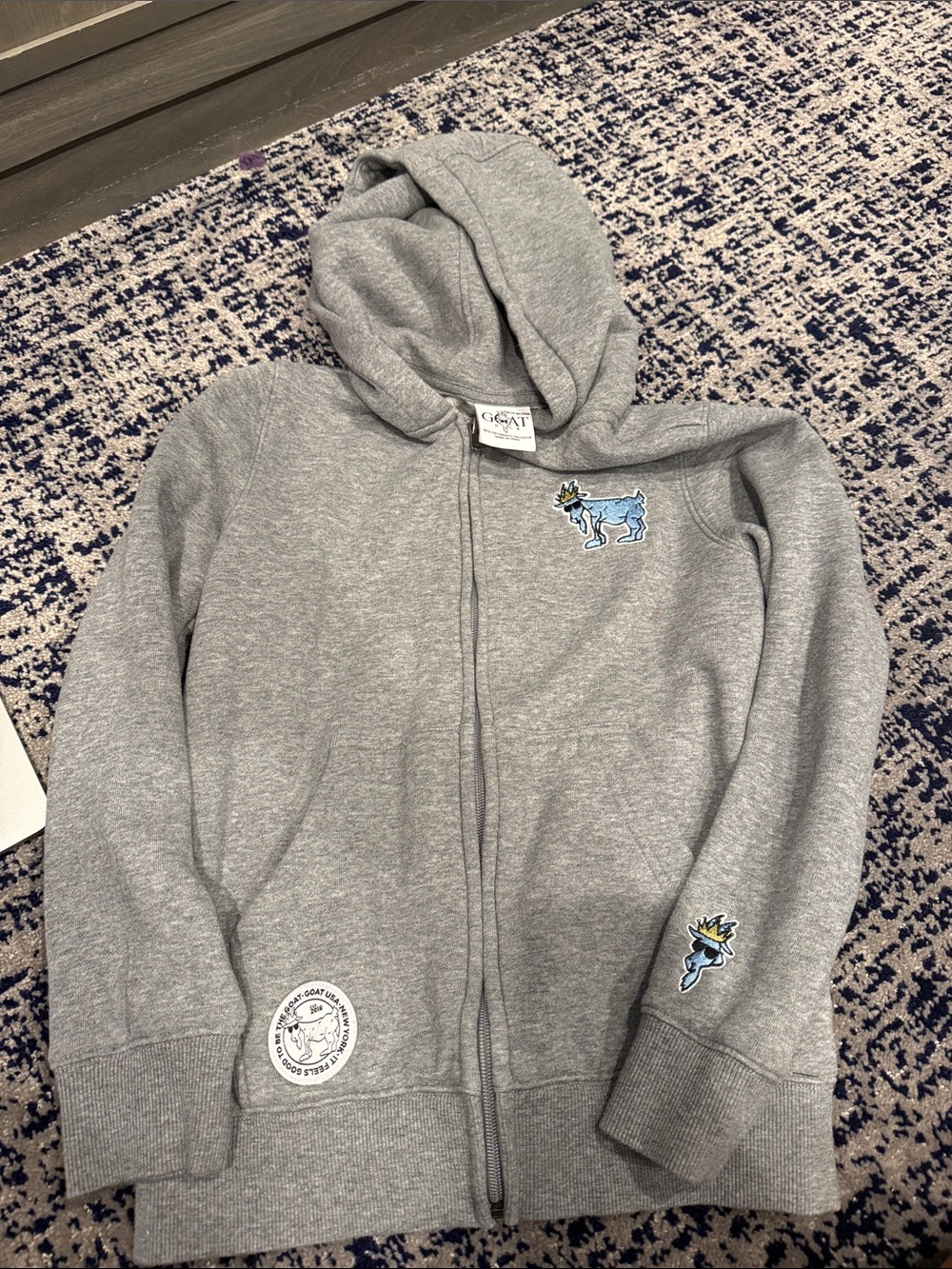 GOAT Kids' Gray Zip Hoodie with Blue Animal Embroidered Patch